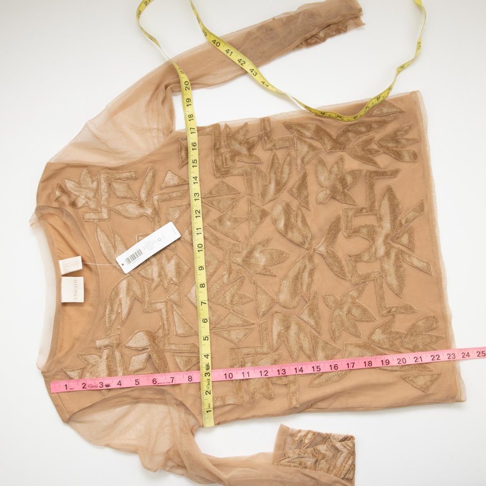 Chico's Pieced Velvet Top Sheer Sleeve Blouse Office Shirt Tan Size 0 Small New - Picture 8 of 8